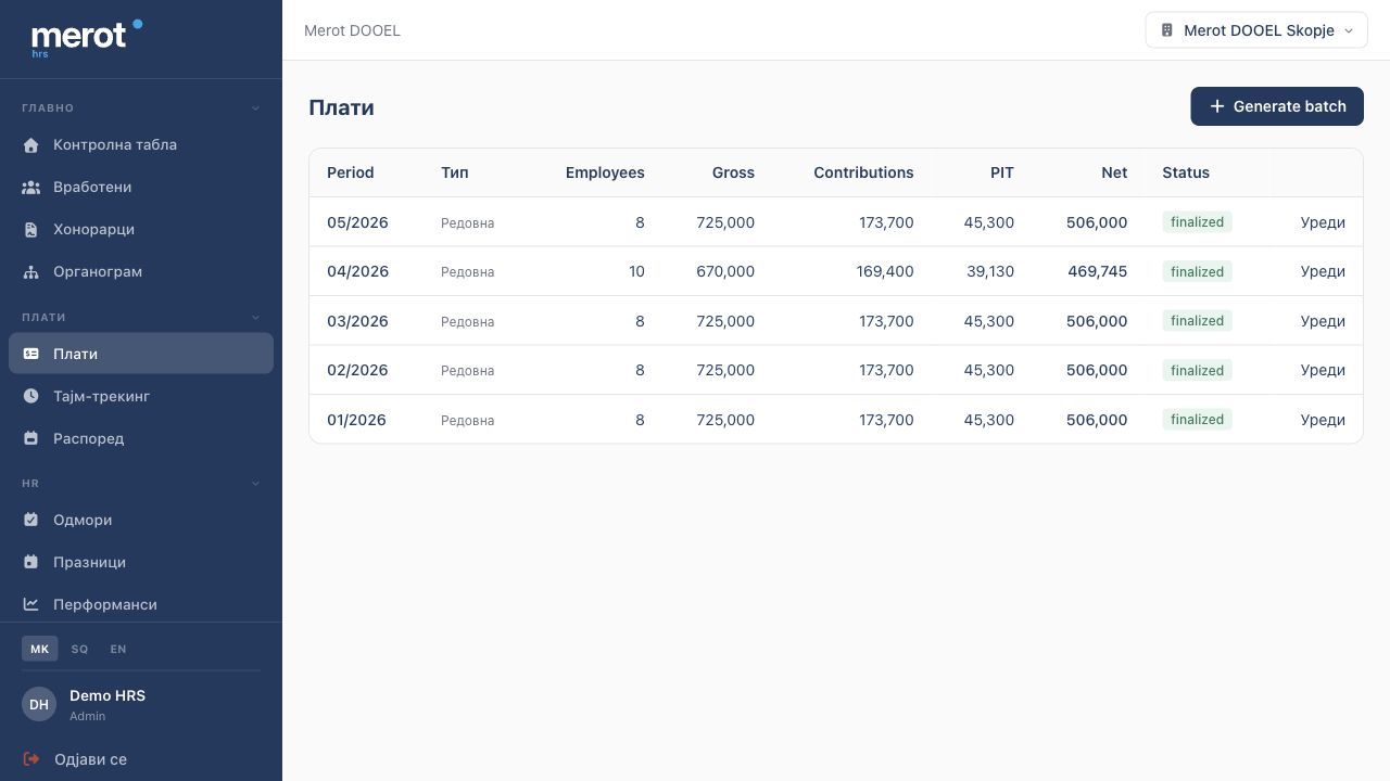 Merot HRS payroll batch list
